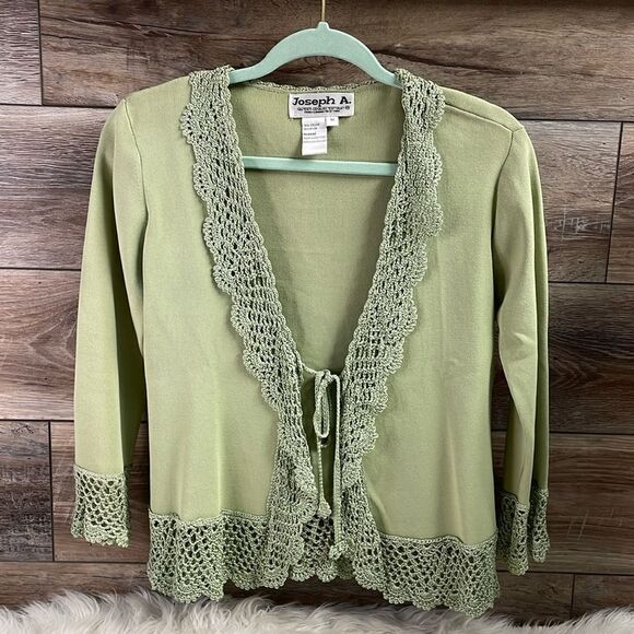 Joseph A Ladies Sage Green Open Front Vintage Cardigan Crocheted Lace Trim Med - Picture 1 of 7
